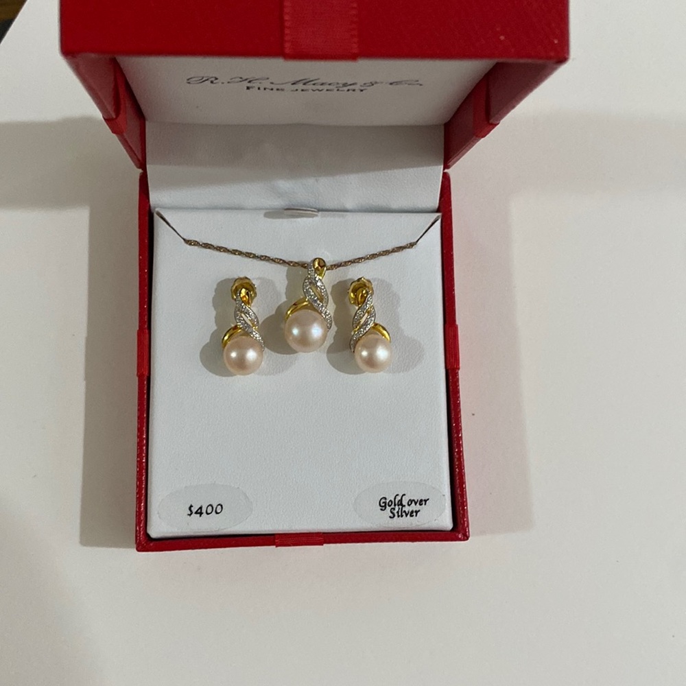 Gold Over Silver Pearl Necklace and Earrings Set